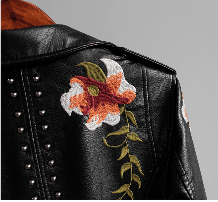 Veste simili cuir femme motard à fleurs noir - MonSimiliCuir