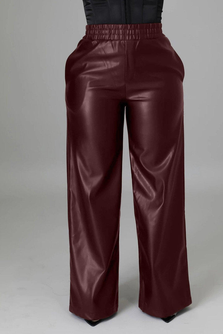 Pantalon taille haute en simili cuir pour femme jambes larges bordeaux - MonSimiliCuir