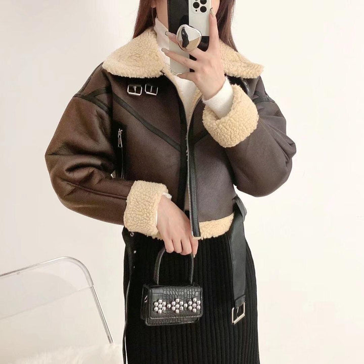 Manteau simili cuir femme court fourrure synthétique marron - MonSimiliCuir