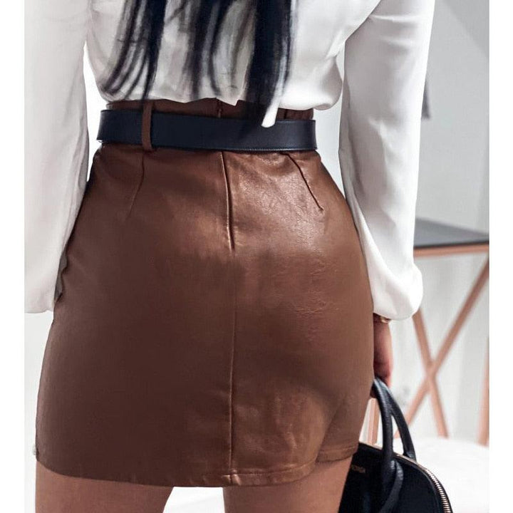 Mini jupe fendue et cloutée en simili cuir pour femme marron - MonSimiliCuir