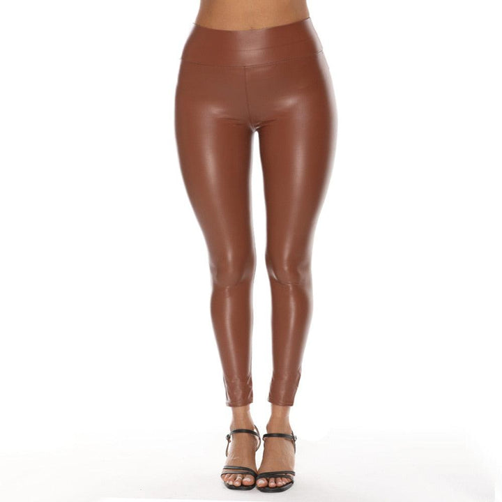 Legging extensible en simili cuir marron taille haute pour femme - MonSimiliCuir