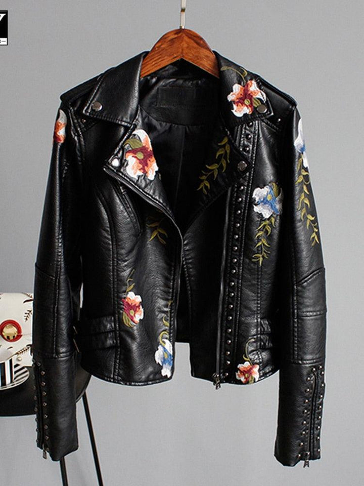 Veste simili cuir femme motard à fleurs noir - MonSimiliCuir