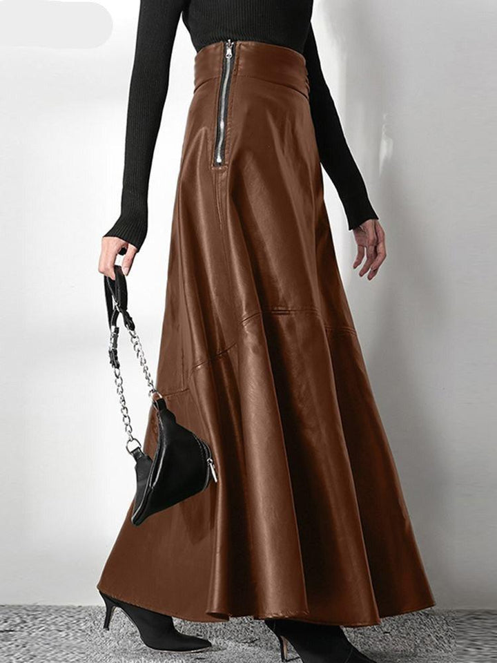 Jupe longue trapèze en simili cuir pour femme marron - MonSimiliCuir