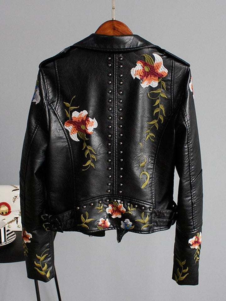 Veste simili cuir femme motard à fleurs noir - MonSimiliCuir