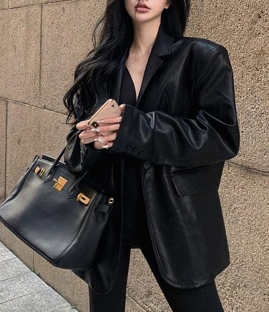Blazer simili cuir femme oversize noir - MonSimiliCuir