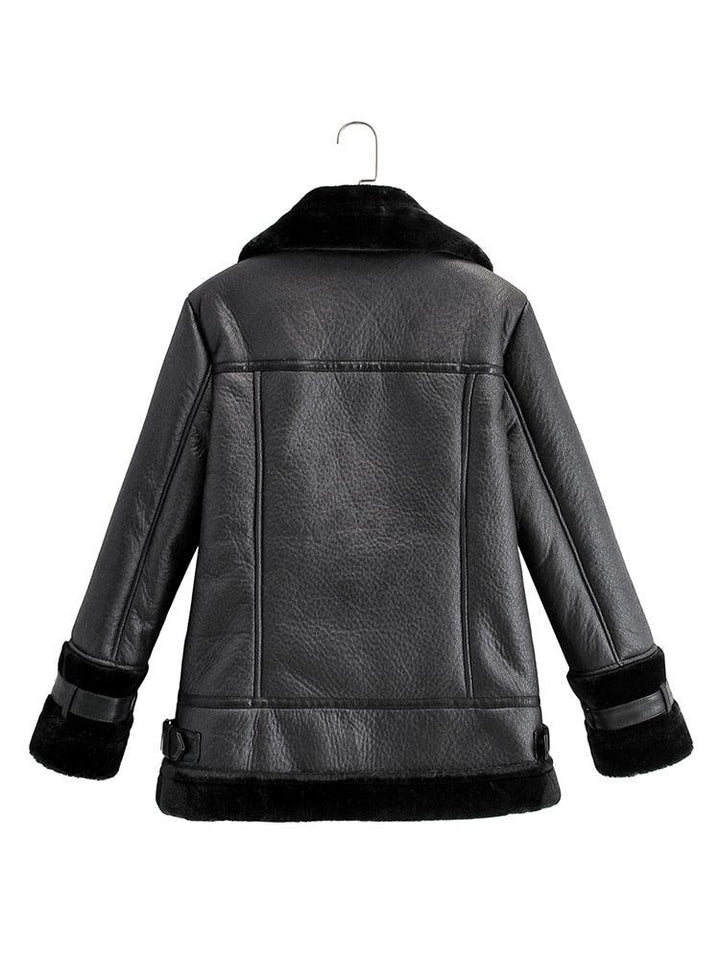 Blouson aviateur en simili cuir noir pour femme et fourrure - MonSimiliCuir