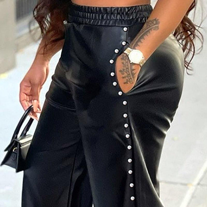 Pantalon simili cuir femme noir taille haute coupe large - MonSimiliCuir