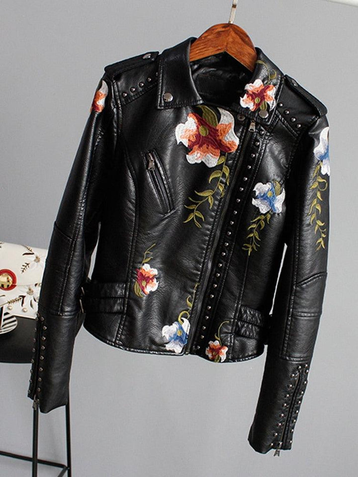 Veste simili cuir femme motard à fleurs noir - MonSimiliCuir