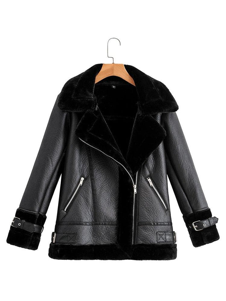 Blouson aviateur en simili cuir noir pour femme et fourrure - MonSimiliCuir