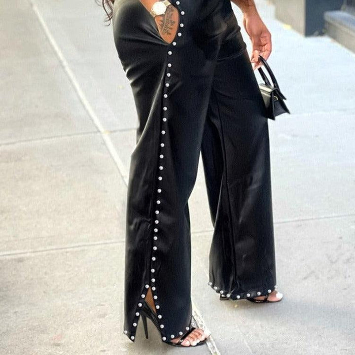 Pantalon simili cuir femme noir taille haute coupe large - MonSimiliCuir